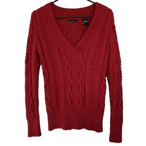 Vtg Moda Y2K Cable Knit Sweater Jumper M Red Cotton V-Neck Long Sleeve Fisherman